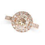 A DIAMOND HALO RING in 18ct rose gold, set to the centre with a round brilliant cut diamond of 2.