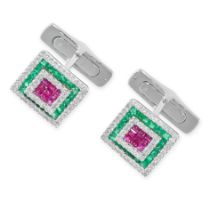 A PAIR OF RUBY, DIAMOND AND EMERALD CUFFLINKS in 18ct white gold, the square faces set with