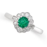 AN EMERALD AND DIAMOND CLUSTER RING in 18ct white gold, set with a round cut emerald of 0.47