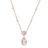A MORGANITE AND DIAMOND PENDANT NECKLACE in 18ct rose gold, the chain set with six staggered round