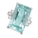 AN AQUAMARINE AND DIAMOND RING in platinum, set with a rectangular step cut aquamarine of 18.35