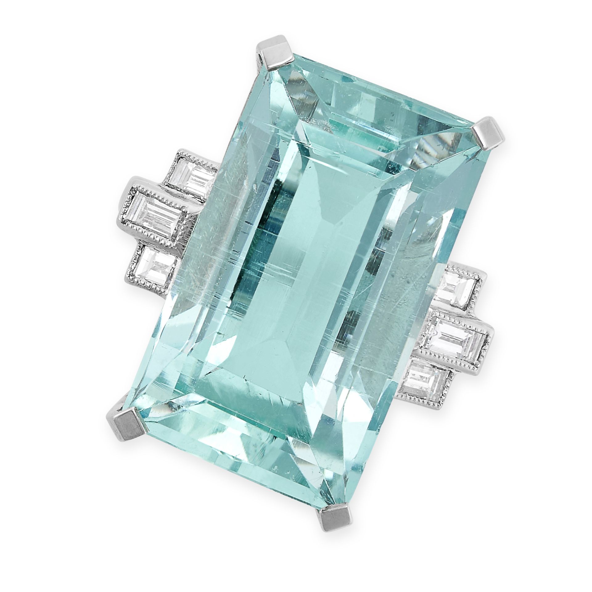 AN AQUAMARINE AND DIAMOND RING in platinum, set with a rectangular step cut aquamarine of 18.35