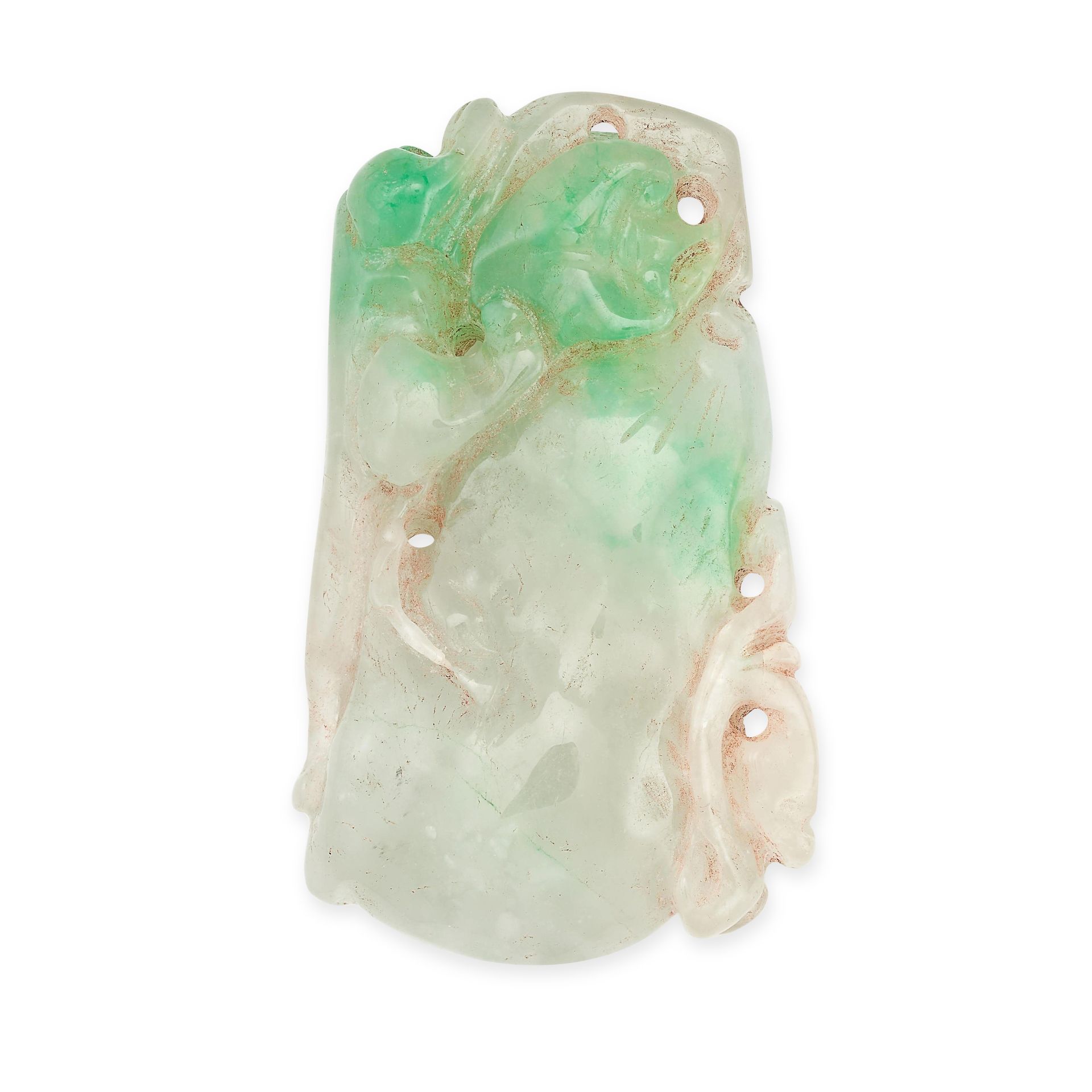 A CARVED JADEITE JADE PLAQUE PENDANT comprising a single piece of polished jade, carved in the