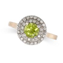 A PERIDOT AND DIAMOND RING in 9ct yellow gold, set with a round cut peridot in a cluster of round