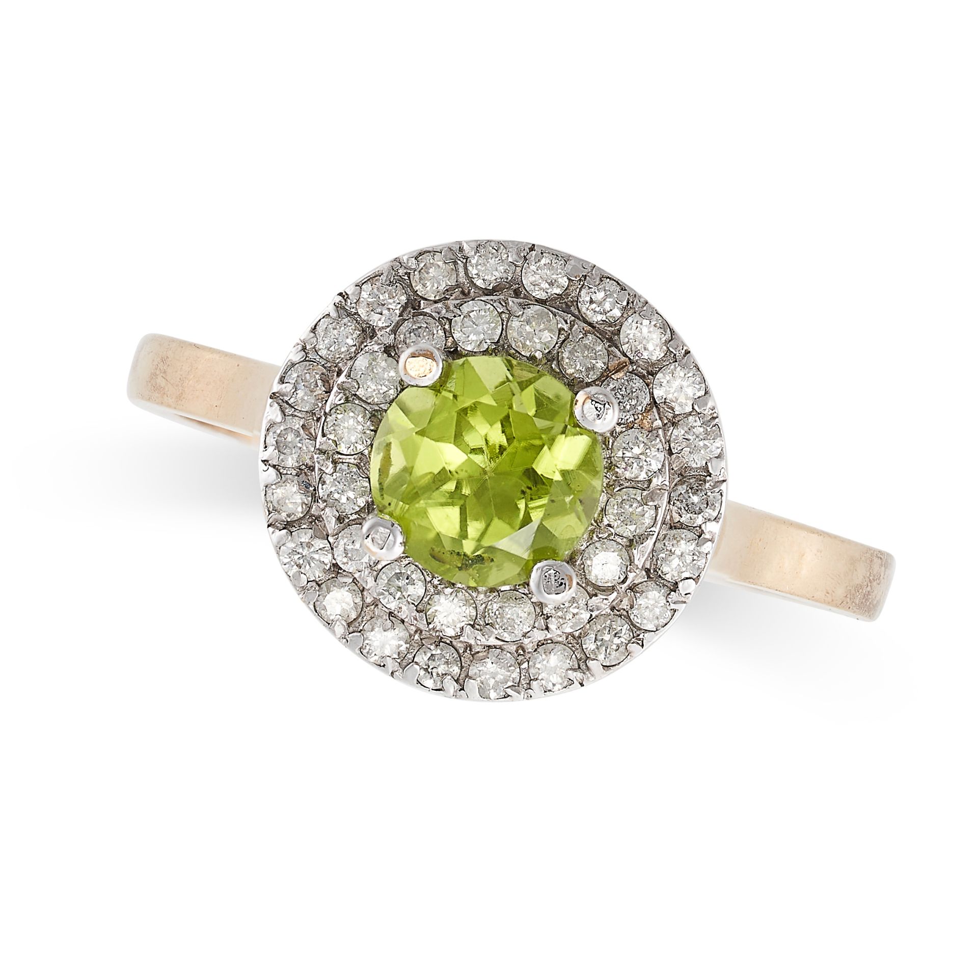 A PERIDOT AND DIAMOND RING in 9ct yellow gold, set with a round cut peridot in a cluster of round