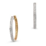 A PAIR OF YELLOW DIAMOND AND DIAMOND HOOP EARRINGS in two tone design, set inside-out with a row