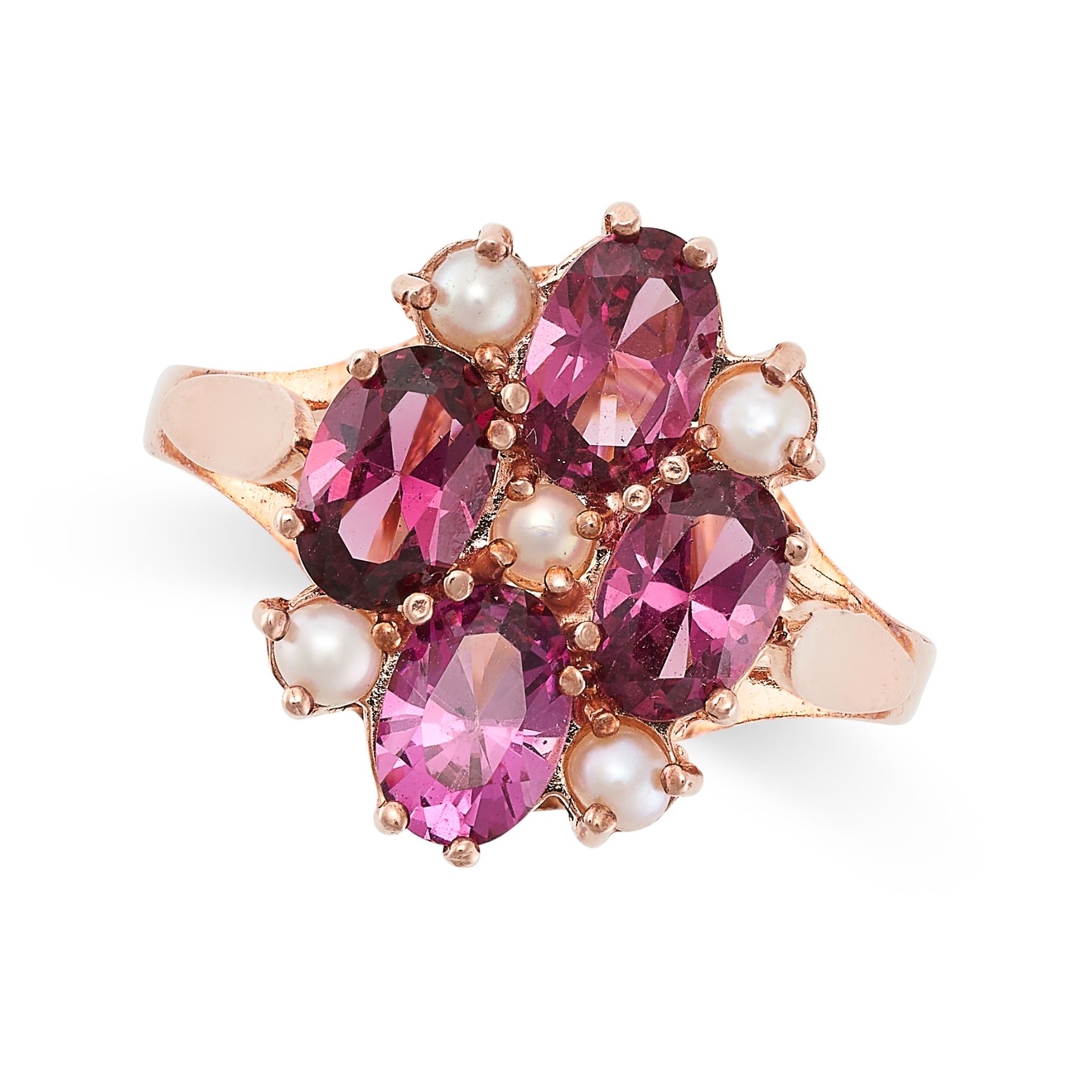 A GARNET AND PEARL RING in 9ct rose gold, set with a cluster of oval cut garnets accented by pearls,