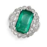 A COLOMBIAN EMERALD AND DIAMOND RING set with a rectangular step cut emerald of 5.98 carats,