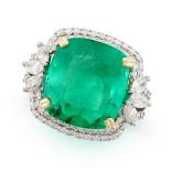 AN EMERALD AND DIAMOND RING in 18ct white gold, set with a cushion cut emerald of 8.35 carats, in