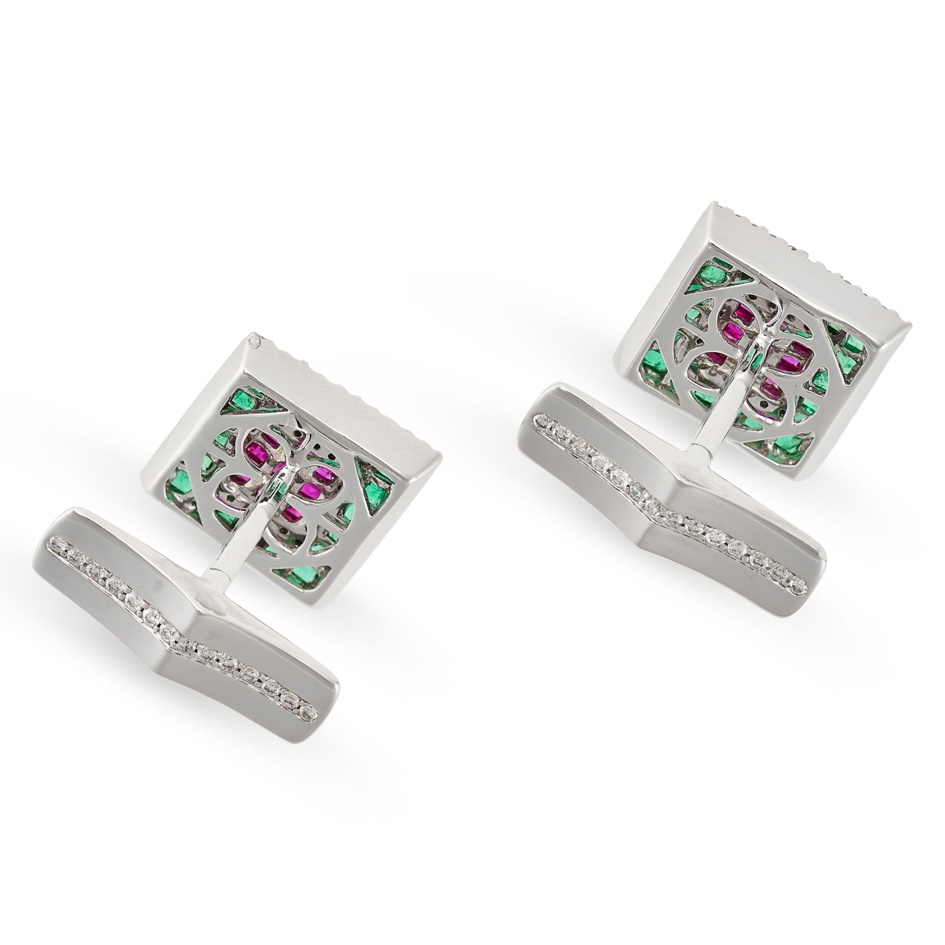 A PAIR OF RUBY, DIAMOND AND EMERALD CUFFLINKS in 18ct white gold, the square faces set with - Bild 2 aus 2