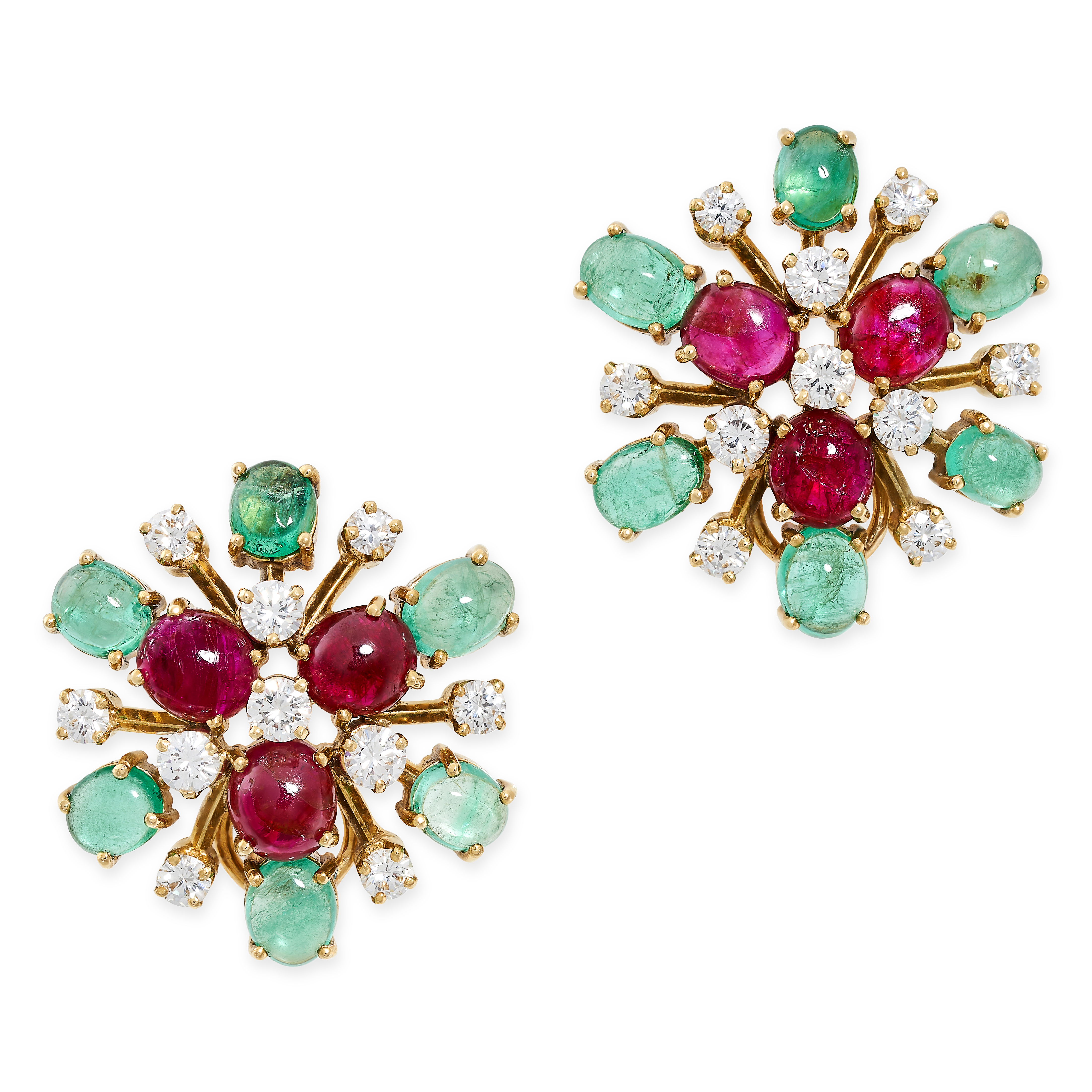 BULGARI, A PAIR OF VINTAGE EMERALD, RUBY AND DIAMOND EARRINGS in 18ct yellow gold, each designed