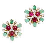 BULGARI, A PAIR OF VINTAGE EMERALD, RUBY AND DIAMOND EARRINGS in 18ct yellow gold, each designed