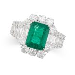 AN EMERALD AND DIAMOND RING in 18ct white gold, set with an emerald cut emerald of 2.64 carats, in a