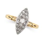 AN ANTIQUE DIAMOND MARQUISE RING in 18ct yellow gold and silver, the marquise face pave set with old