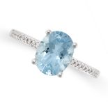 AN AQUAMARINE AND DIAMOND RING in 18ct white gold, set with an oval cut aquamarine of 1.80 carats,