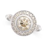 A CHAMPAGNE DIAMOND HALO RING in 18ct white gold, set with a round brilliant cut champagne diamond