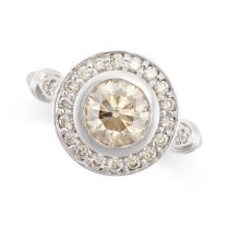 A CHAMPAGNE DIAMOND HALO RING in 18ct white gold, set with a round brilliant cut champagne diamond