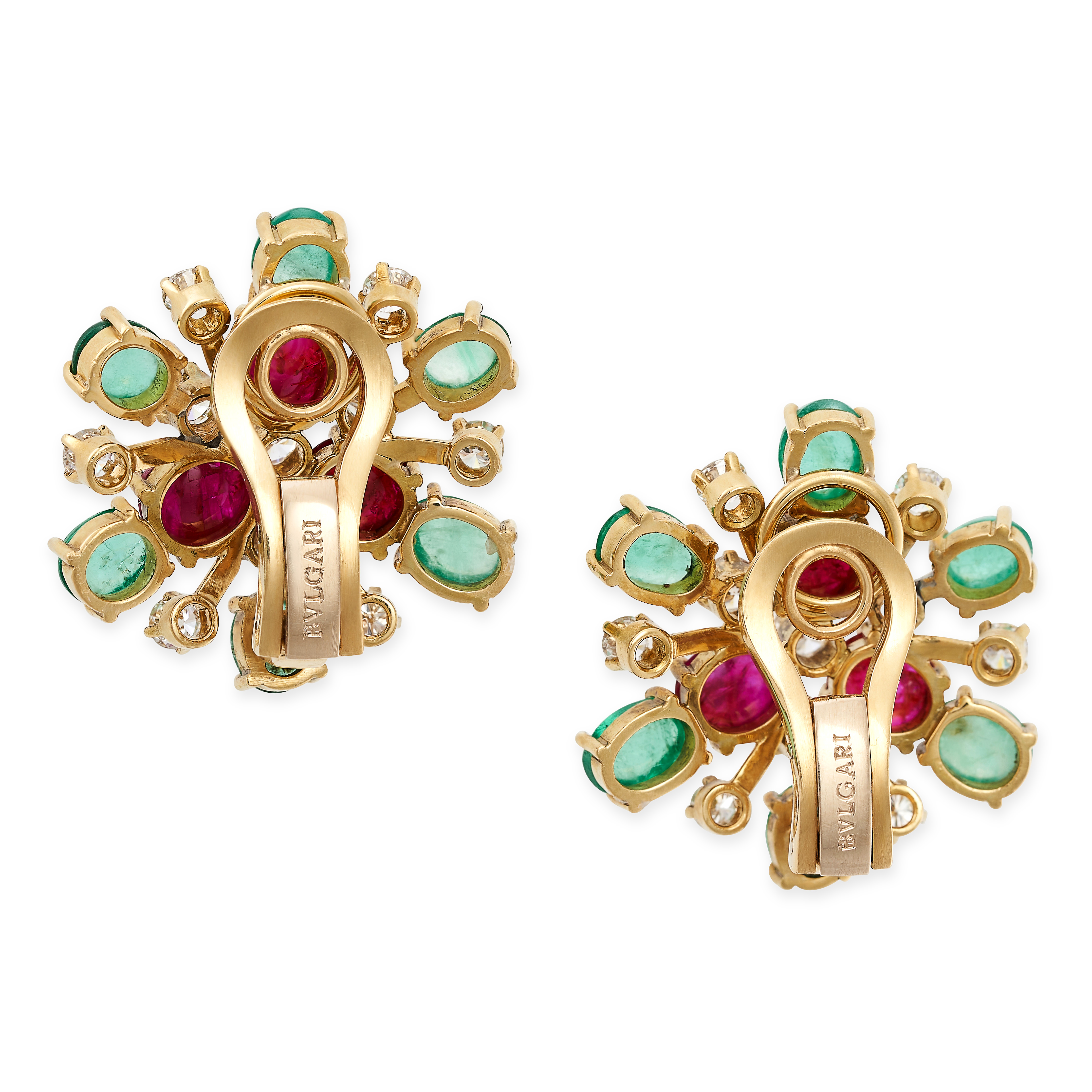 BULGARI, A PAIR OF VINTAGE EMERALD, RUBY AND DIAMOND EARRINGS in 18ct yellow gold, each designed - Image 2 of 2