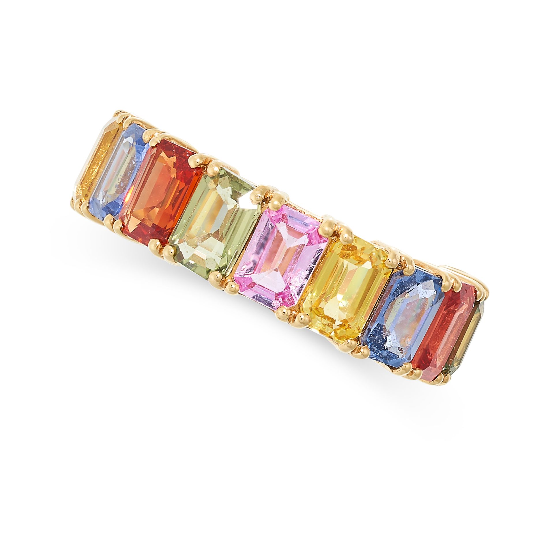 A MULTICOLOUR SAPPHIRE ETERNITY RING in 18ct yellow gold, set all round with a row of emerald cut