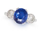 A SAPPHIRE AND DIAMOND THREE STONE RING in 18ct white gold, set with an oval cut sapphire of 2.90