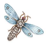 AN ANTIQUE DIAMOND, ENAMEL AND RUBY INSECT BROOCH, LATE 19TH CENTURY in yellow gold and silver,