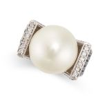 A PEARL AND DIAMOND RING set with a pearl of 13.2mm accented by round brilliant cut diamonds, the