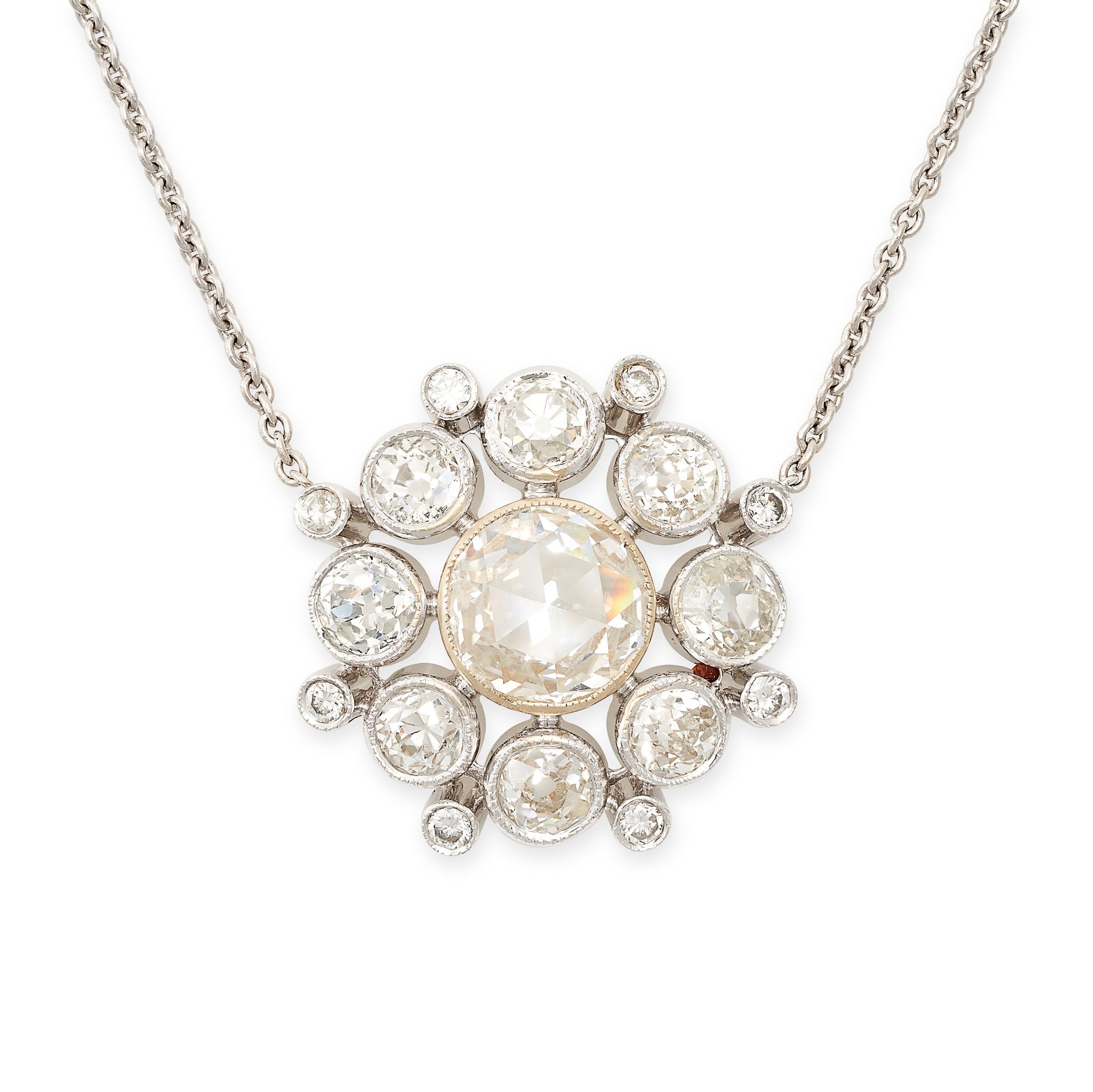 A DIAMOND PENDANT NECKLACE in 18ct white gold, the pendant set with a central rose cut diamond of