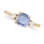 A CEYLON SAPPHIRE AND DIAMOND THREE STONE RING in 18ct yellow gold, set with a cushion cut