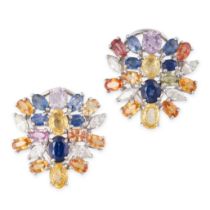 A PAIR OF MULTICOLOUR SAPPHIRE AND DIAMOND CLUSTER EARRINGS each comprising a cluster of blue, pink,