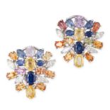 A PAIR OF MULTICOLOUR SAPPHIRE AND DIAMOND CLUSTER EARRINGS each comprising a cluster of blue, pink,