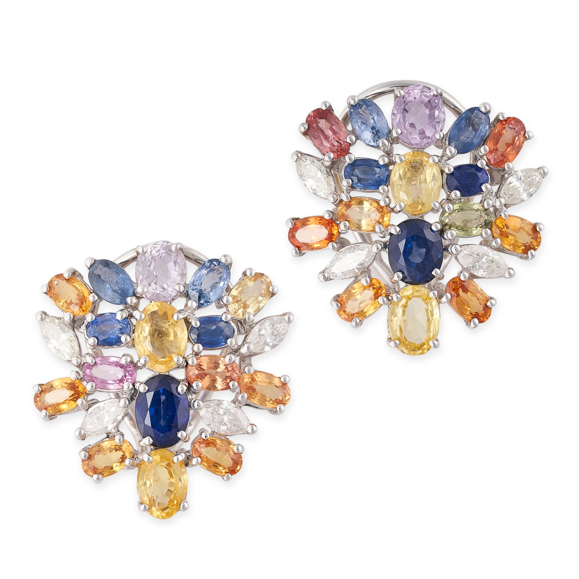 A PAIR OF MULTICOLOUR SAPPHIRE AND DIAMOND CLUSTER EARRINGS each comprising a cluster of blue, pink,