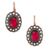 A PAIR OF RUBY AND DIAMOND CLUSTER DROP EARRINGS each set with an oval cut ruby in a cluster of rose