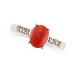 A CORAL AND DIAMOND RING in 9ct yellow gold, set with a cabochon coral accented by round cut diamond