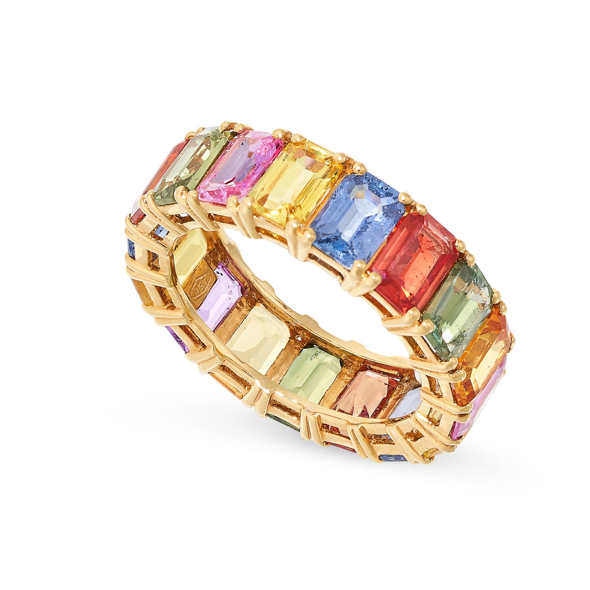 A MULTICOLOUR SAPPHIRE ETERNITY RING in 18ct yellow gold, set all round with a row of emerald cut - Bild 2 aus 2