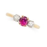 BOODLE & DUNTHORNE, A RUBY AND DIAMOND THREE STONE RING in 18ct yellow gold, set with a round cut