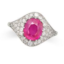 A VINTAGE BURMA NO HEAT RUBY AND DIAMOND RING in white gold, set with a cushion cut ruby of 3.48