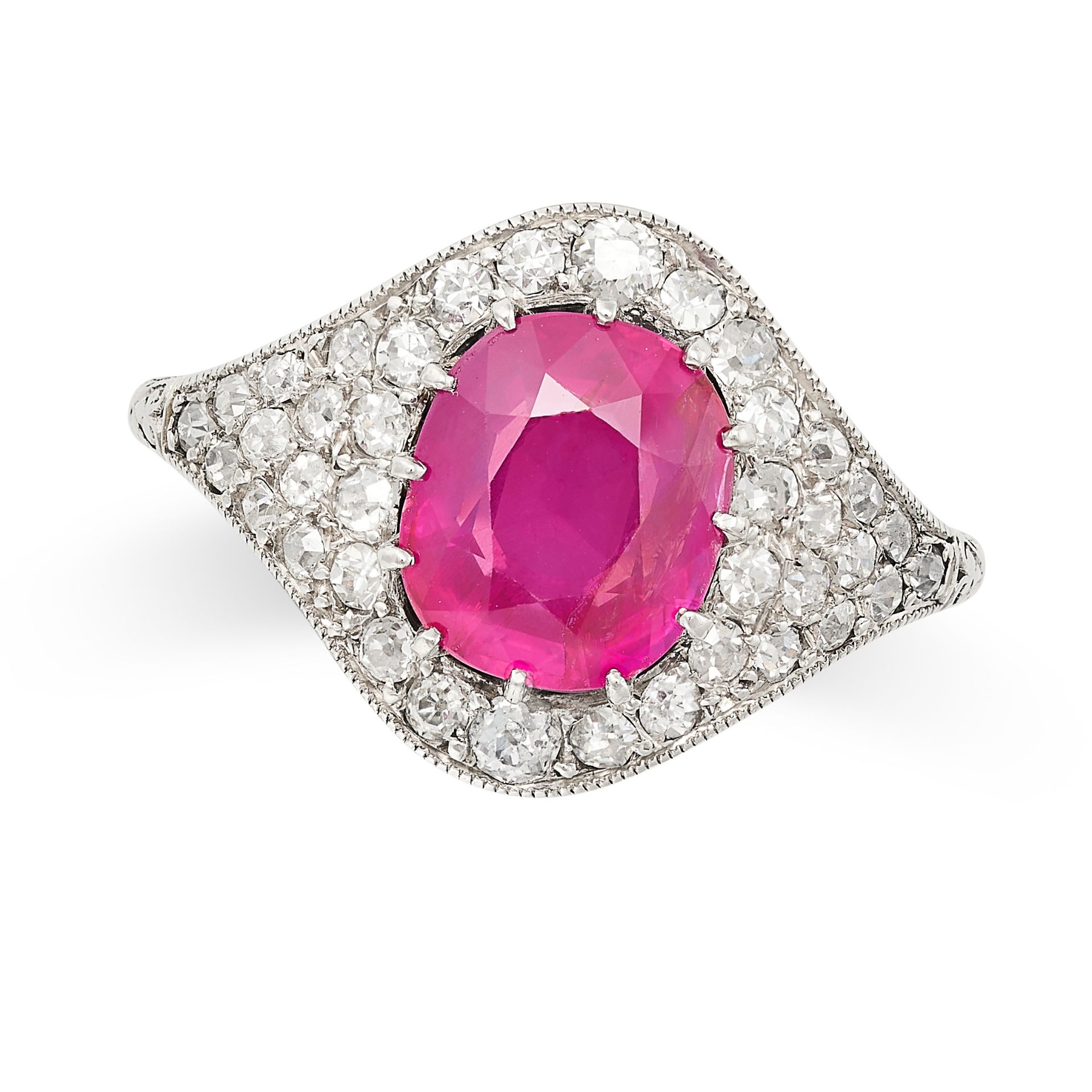 A VINTAGE BURMA NO HEAT RUBY AND DIAMOND RING in white gold, set with a cushion cut ruby of 3.48