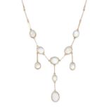 A MOONSTONE FRINGE NECKLACE set with five cabochon moonstones with three graduated drops of