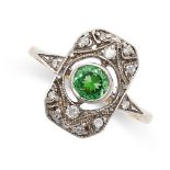 A TSAVORITE GARNET AND DIAMOND RING in 9ct yellow and white gold, the rectangular face set with a