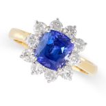 A TANZANITE AND DIAMOND RING in 18ct yellow gold, set with a cushion cut tanzanite of 1.95 carats,