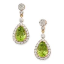 A PAIR OF PERIDOT AND DIAMOND DROP EARRINGS in 18ct yellow gold, comprising a cluster of round