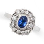 A SAPPHIRE AND DIAMOND RING in 18ct white gold, set with an oval cut sapphire of 0.60 carats in a