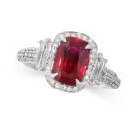 AN UNHEATED RUBY AND DIAMOND RING in platinum, set with a cushion cut ruby of 2.54 carats accented