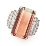 A WATERMELON TOURMALINE AND DIAMOND RING set with an octagonal step cut watermelon tourmaline of