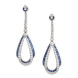 A PAIR OF SAPPHIRE AND DIAMOND DROP EARRINGS in 18ct white gold, each comprising a row of