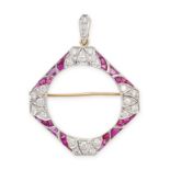 A RUBY AND DIAMOND BROOCH / PENDANT comprising an octagonal frame set with step cut rubies and round