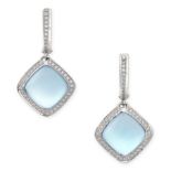 A PAIR OF BLUE TOPAZ AND DIAMOND DROP EARRINGS in 18ct white gold, set with a cabochon blue topaz