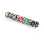 AN GEMSET DEAREST RING in 9ct yellow gold, set with a row of round cut diamond, emerald, amethyst,