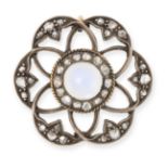 AN ANTIQUE MOONSTONE AND DIAMOND BROOCH in yellow gold and silver, set with a cabochon moonstone