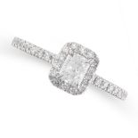 A DIAMOND ENGAGEMENT RING in platinum, set with a radiant cut diamond of 0.40 carats in a border